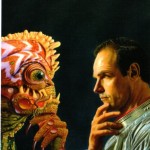 man staring at a monster